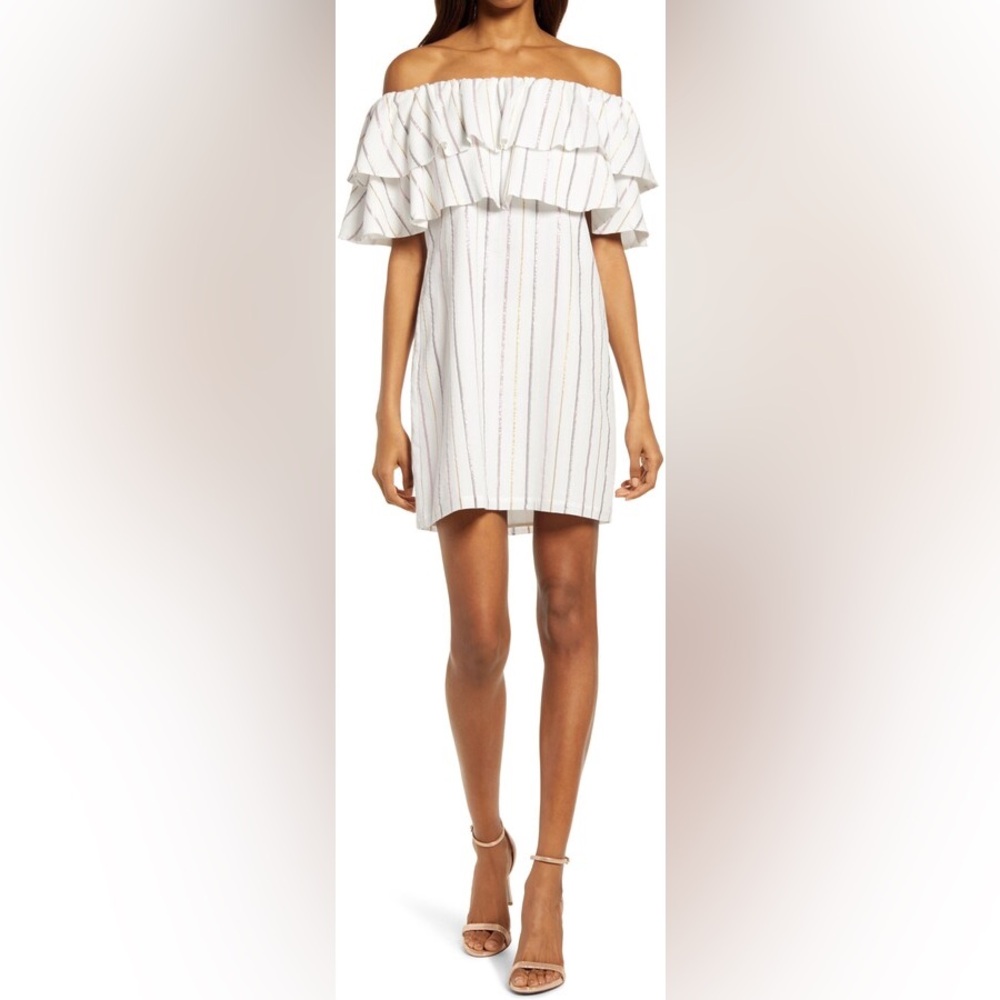 Charles Henry off the shoulder pop over dress Size Medium white pink gold & blue